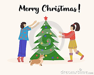 Merry Christmas greeting card. Happy girlfriends two girls decorating a Christmas tree. Vector illustration for flyer, postcard Vector Illustration