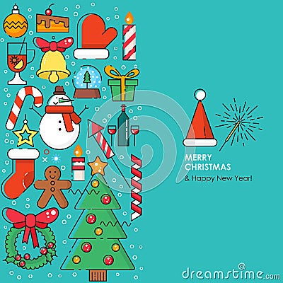 Merry Christmas greeting card with christmas icons. Happy New year wishes. Poster in flat line modern style. Vector Illustration