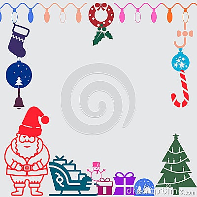Merry Christmas greeting card illustration images of santa sleigh bells socks christmas tree gifts Cartoon Illustration
