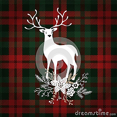 Merry Christmas greeting card, invitation. Deer animal with Christmas floral bouquet decoration. Tartan checkered plaid Vector Illustration
