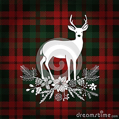 Merry Christmas greeting card, invitation. Deer with Christmas bouquet, floral decoration. Tartan checkered plaid Vector Illustration