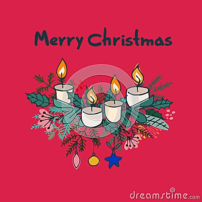 Merry Christmas greeting card. Minimalistic design with Color of the year Viva Magenta Vector Illustration