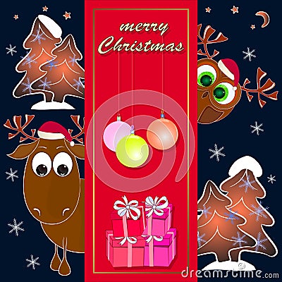 Merry christmas greeting card with owl and reindeer. Vector Illustration
