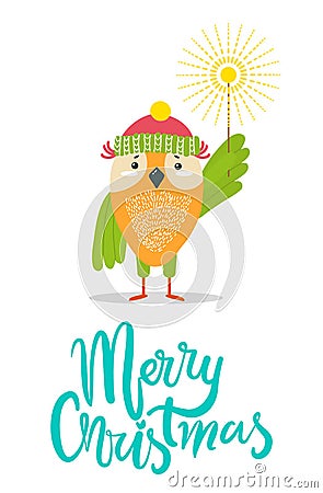 Merry Christmas Greeting Card with Owl Winter Hat Vector Illustration