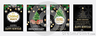 Merry christmas greeting card and party invitations on black background. Vector illustration element for happy new year flyer bro Vector Illustration