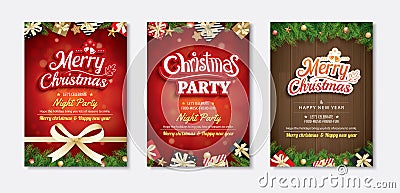 Merry christmas greeting card and party invitations on red background. Vector illustration for happy new year flyer brochure Vector Illustration