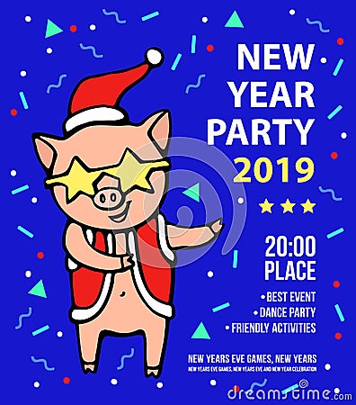 Merry Christmas greeting card with Pig in a Santa`s clothes, a red cap and star glasses. 2019 year of the pig. Christmas Vector Illustration