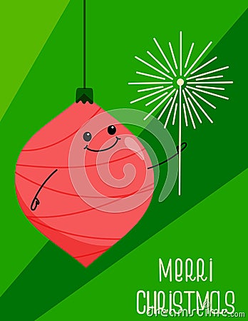 Merry Christmas greeting card. Pink Christmas ball holds sparkler. Festive cute new year poster Vector Illustration