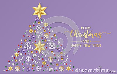Merry Christmas greeting card, Poster with red, gold and green balls, shiny ribbon andsnow flake on purple background. Cartoon Illustration