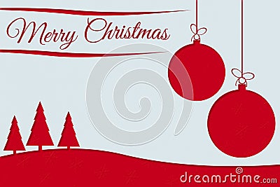 Merry Christmas greeting card with red text, Xmas balls and pine Stock Photo