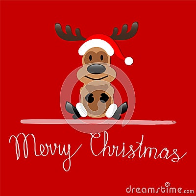 Merry Christmas greeting card with Reindeer Rudolph sitting on r Vector Illustration