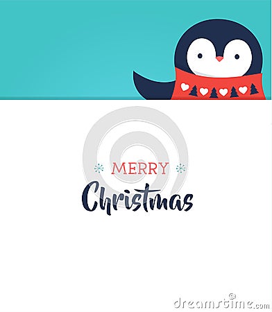 Merry Christmas greeting card with a sweet baby penguin Vector Illustration