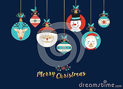 Merry Christmas cute cartoon animal greeting card Vector Illustration