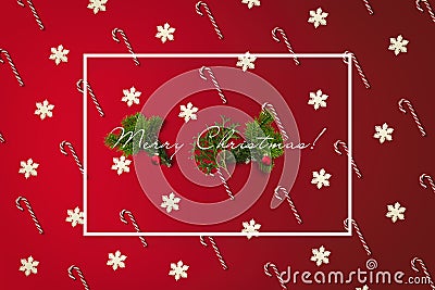 Merry Christmas greeting card with white border. Holiday card with canes Stock Photo