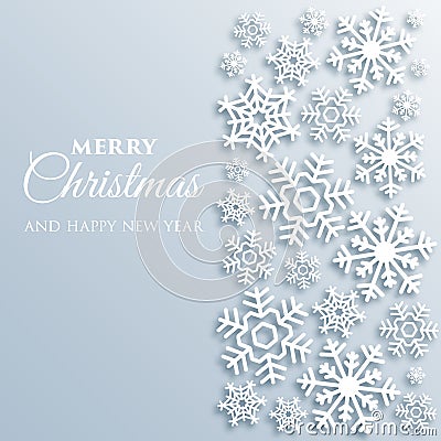 Merry Christmas greeting card with white snowflakes. Paper style Xmas vector background template. Elegant poster, flyer Vector Illustration