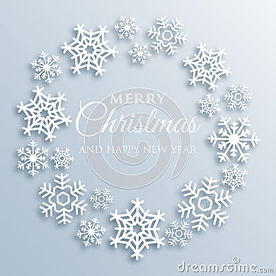 Merry Christmas greeting card with white snowflakes. Paper style Xmas vector background template. Elegant poster, flyer Vector Illustration