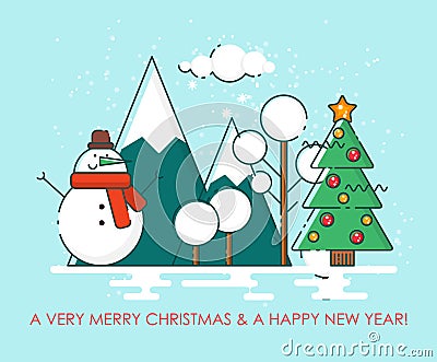Merry Christmas greeting card winter landscape. Happy New year wishes. Poster in flat line modern style. Vector Illustration