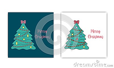 Merry Christmas greeting cards set. Decorated doodle Xmas tree and text. Vector illustration of fir tree with bow, garlands and Vector Illustration