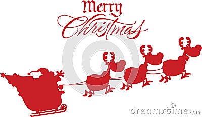 Merry Christmas Greeting With Santa Claus In Flight With His Reindeer And Sleigh Silhouettes Vector Illustration