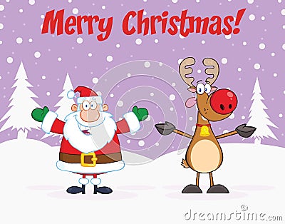 Merry Christmas Greeting With Santa Claus And Reindeer Vector Illustration