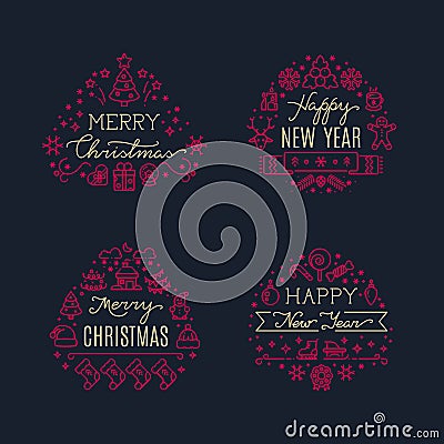 Merry christmas greeting scripts with xmas holiday line icons. Vector set Vector Illustration