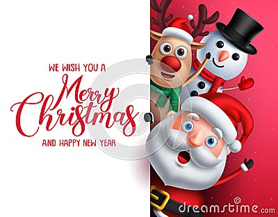 Merry christmas greeting template with santa claus, snowman and reindeer Vector Illustration