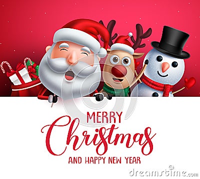 Merry christmas greeting template with santa claus, snowman and reindeer vector characters Vector Illustration