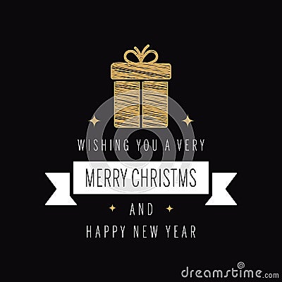 Merry christmas greeting text gold scribble gift black background Vector Illustration