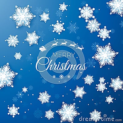 Merry Christmas greetings card. Origami snowfall. White paper cut snow flake. Happy New Year. Space for text Vector Illustration