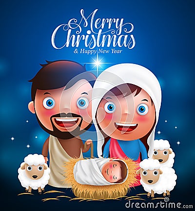 Merry Christmas greetings with jesus born in manger, belen with joseph and mary Vector Illustration