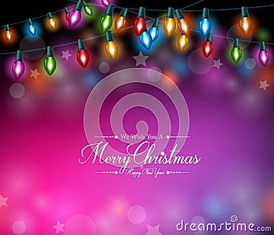 Merry Christmas Greetings in Realistic Colorful Christmas Lights Vector Illustration