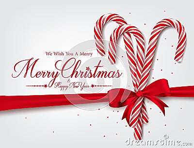 Merry Christmas Greetings in Realistic 3D Candy Cane Vector Illustration