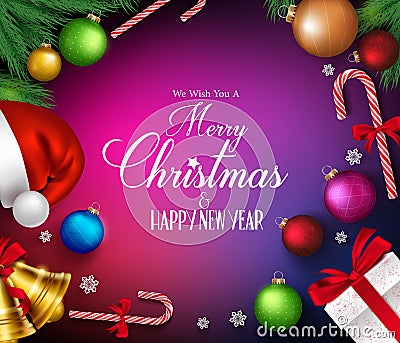 Merry Christmas Greetings in Realistic Decorations and Objects Vector Illustration