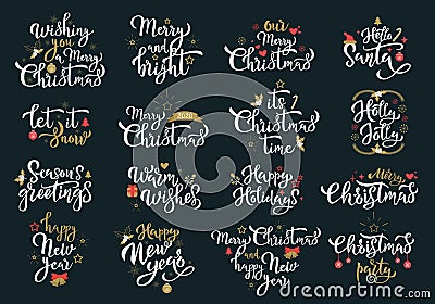 Merry Christmas greetings white calligraphy phrases set Vector Illustration