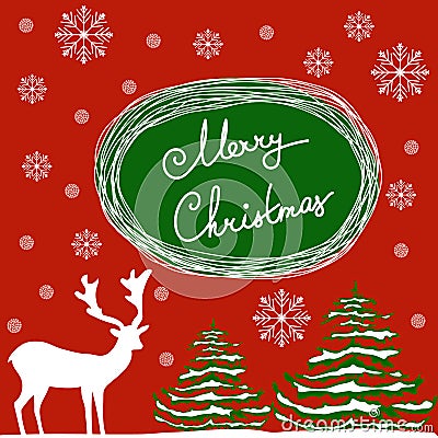 Merry Christmas Hand Calligraphic Lettering. Vector Greeting Card. White Deer Green Fir Trees Dusted with Snow Flakes. Red Backgro Vector Illustration