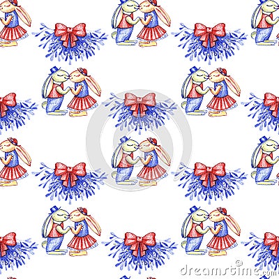 Merry Christmas hand draw illustration. Two funny rabbits kissing under mistletoe. Seamless pattern Cartoon Illustration