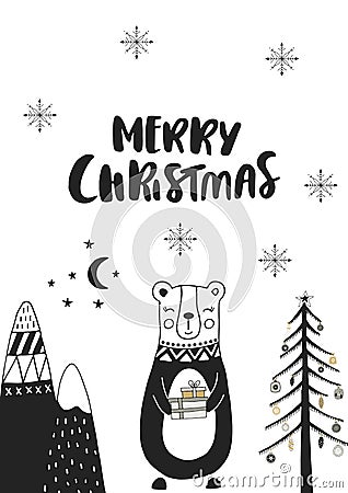 Merry Christmas - Hand drawn Christmas card in scandinavian style with monochrome bear and lettering. Vector Illustration
