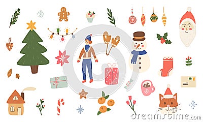 Merry Christmas hand drawn illustration set. Party decoration. Holiday ornament for greeting card, poster, tag. Cute Vector Illustration