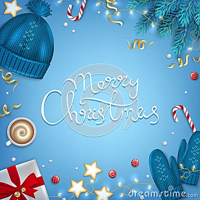 Merry Christmas Hand Drawn Lettering Greeting Background. Winter Elements fir branches, knitted blue hat, mittens, coffee cup Vector Illustration