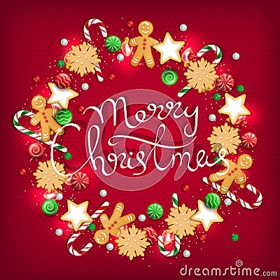 Merry Christmas Hand Drawn Lettering. Wreath of cookies, lollipops, candies, lights gingerbread Man on a red table. Vector Illustration