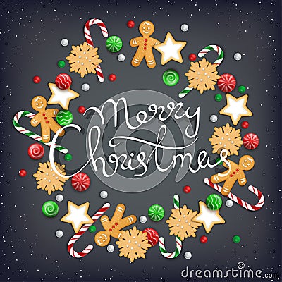 Merry Christmas Hand Drawn Lettering. Wreath of sweets, biscuit, cookie, lollipops, candies, candy cane, gingerbread Man Vector Illustration