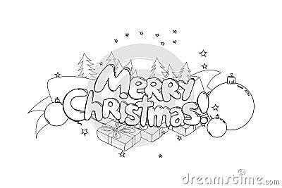 Merry Christmas. Hand drawned vector illustration. Black and white line art Vector Illustration