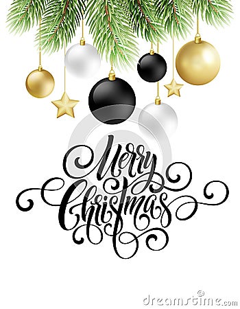 Merry Christmas handwriting script lettering. Greeting background with a Christmas tree and decorations. Vector Vector Illustration