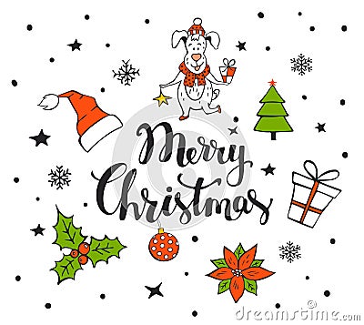 Merry christmas handwritten hand drawn background with xmas items Vector Illustration