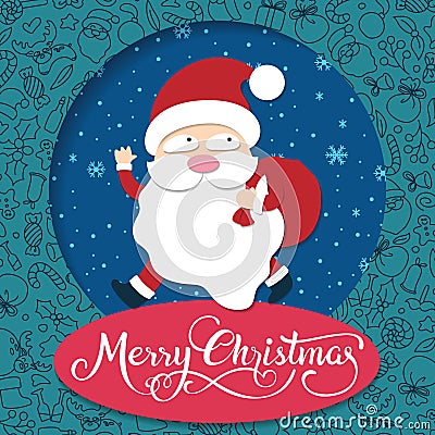 Merry Christmas handwritten typography with Santa Claus. Vector Illustration