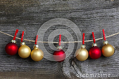 Merry Christmas Hanging Decoration Red and Gold Bulbs and Red Cl Stock Photo