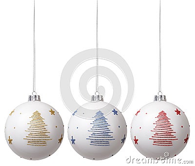 Merry Christmas hanging silver balls decorated with glitter tree shape pattern, isolated on white background, objects template for Stock Photo