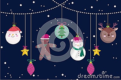 Merry christmas hanging snowman deer balls and stras decoration Vector Illustration