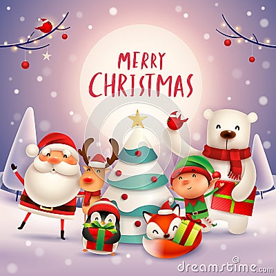 Merry Christmas! Happy Christmas companions in the moonlight. Vector Illustration