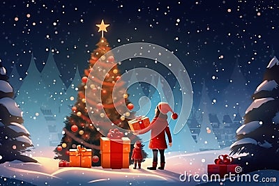 Merry Christmas and Happy Holidays! Cheerful mother and her cute daughter exchange gifts. A parent and a small child have fun near Stock Photo